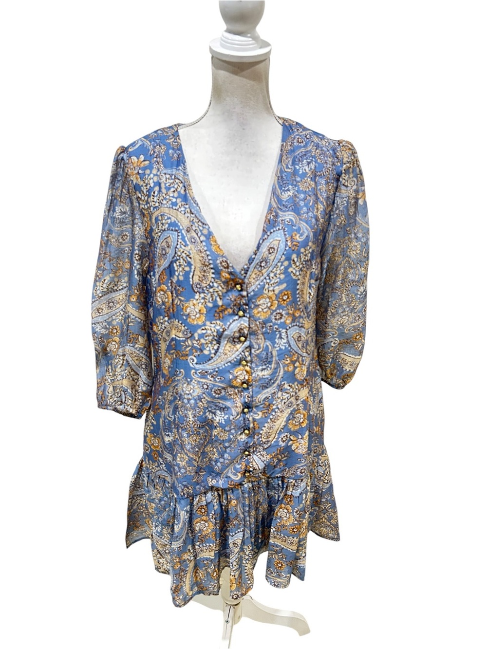 Lucky Brand Blue tan floral Button-Front v neck balloon sleeve Mini Dress xl